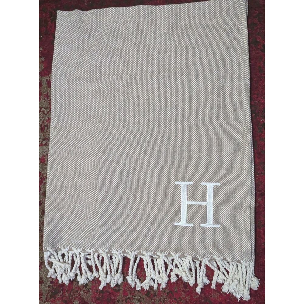 Mudpie Initial H Throw Blanket Woven Fringe 70"X50" Herringbone Monogram - Picture 3 of 11